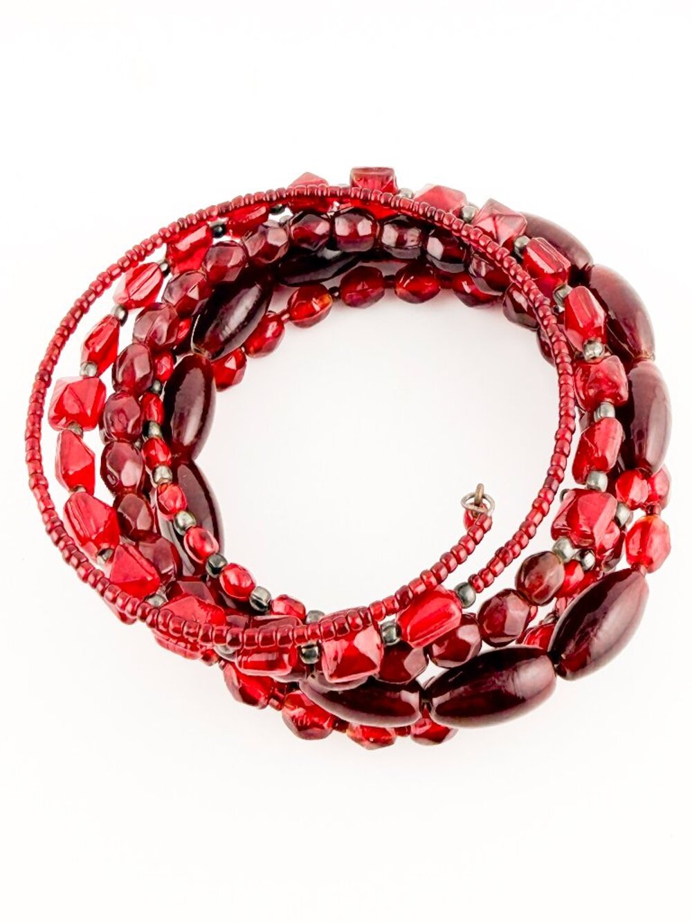 Vintage Red Glass & Beaded Multi Strand Memory Wire Coil Wrap Bracelet
